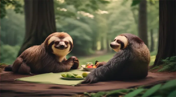 middle distance Sloths on holiday having picnic