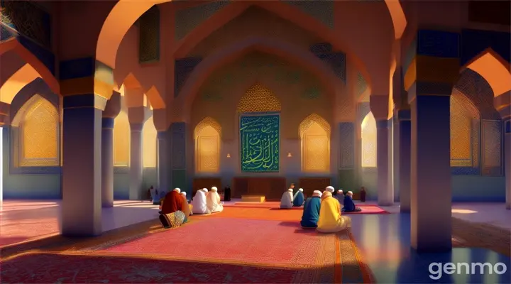 3d animation cartoon  in fes qarrawiyine mosque Muslim prayer kneeling