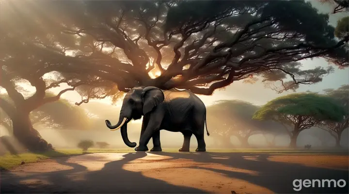 Wide shot of the one big black evil and cruel elephant using his trunk and body to shake the Banyan tree vigorously.  