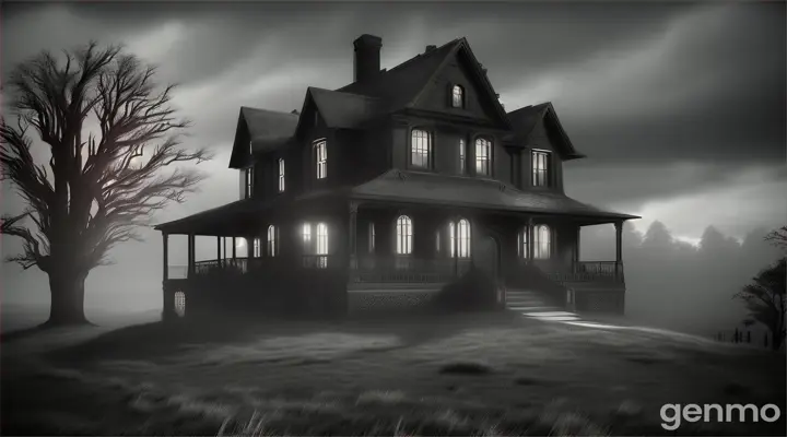 A spooky old house on a hill under a dark cloudy sky, with an ominous atmosphere."