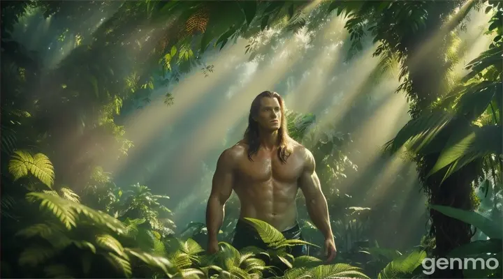  In the heart of the dense, emerald jungle where the sunlight danced through the canopy, lived Tarzan