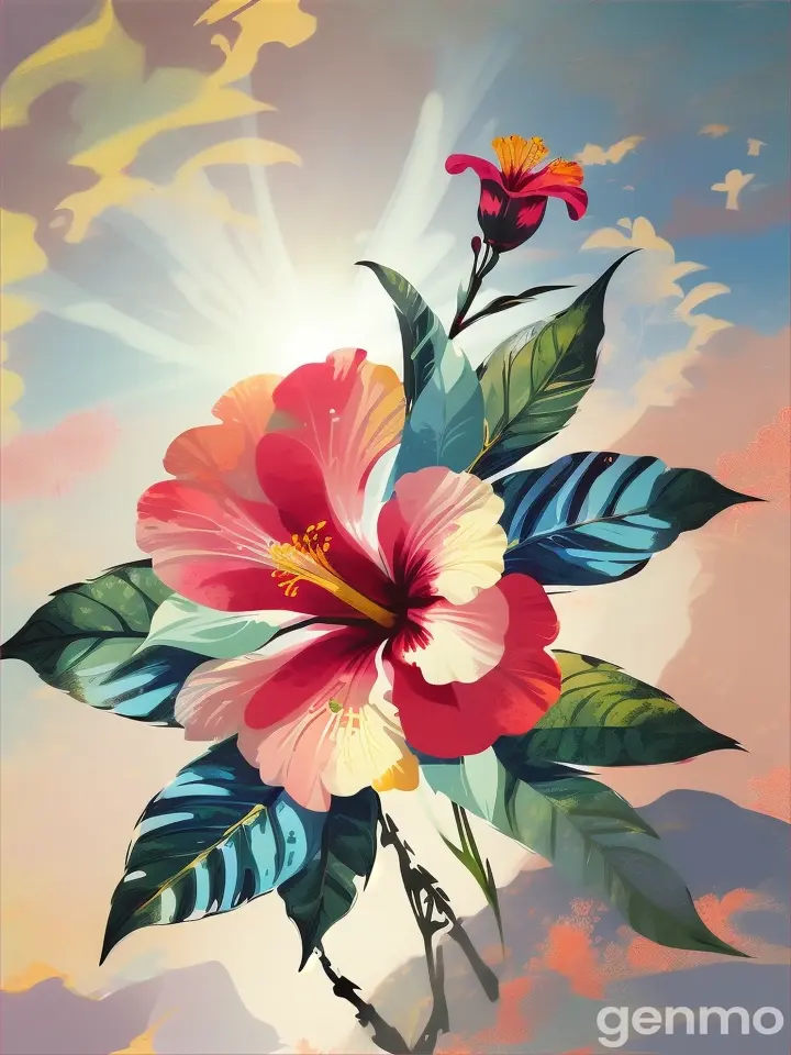 in the foreground a digital stylized single flower Hibiscus in sketch style with thick strokes, blots and spots.  background of Modern digital blue sky and sun rays.
на переднем плане digital stylized одиночный Гибискус в стиле наброска с толстыми обводками со штрихами, кляксами и пятнами. background of Modern digital blue sky and sun rays.