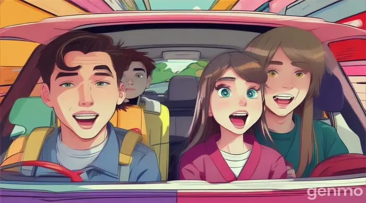 Cartoon 20 years old girl with 22 years old 2 boys very shock in car