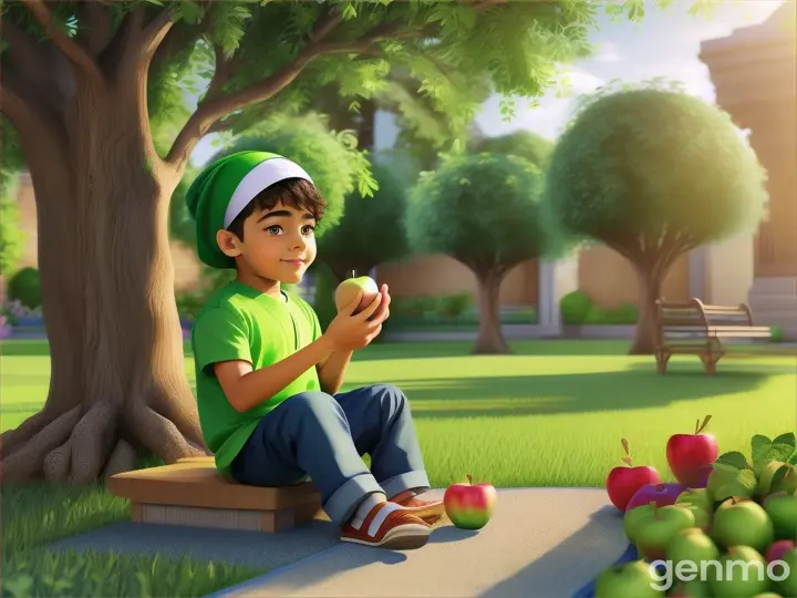 Muslim cartoon boy eating an apple in the garden