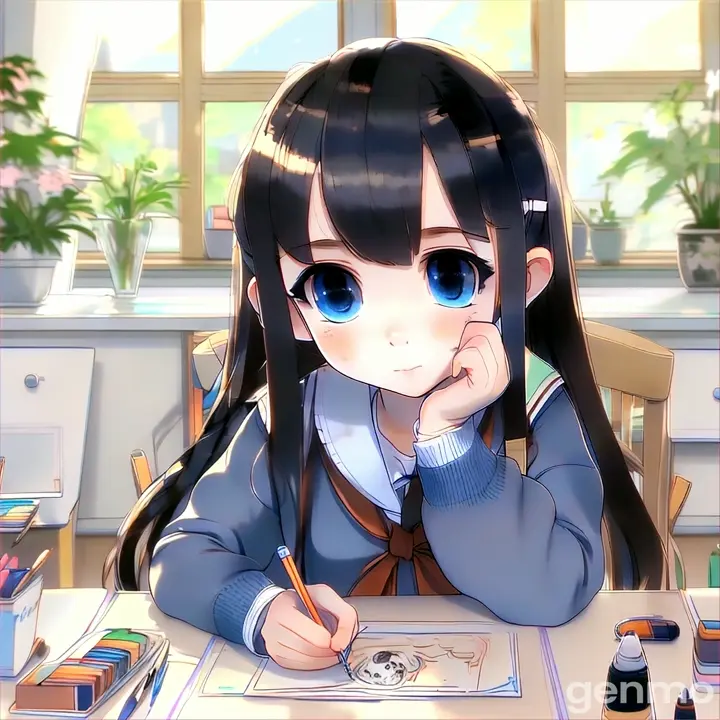 a girl sitting at a table with a pencil in her hand