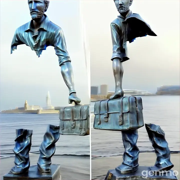two pictures of a statue of a man holding a briefcase