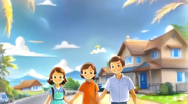 a happy family walking down a road with a car in the background