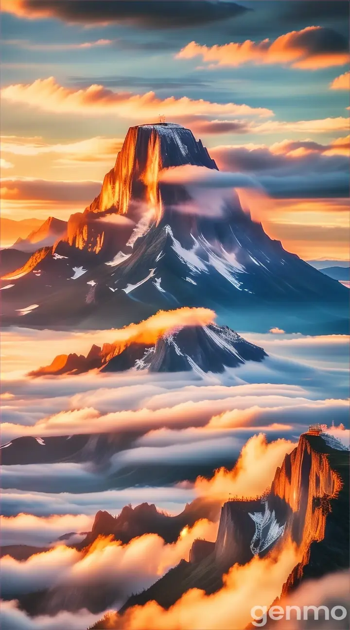 a mountain covered in clouds with a sunset in the background