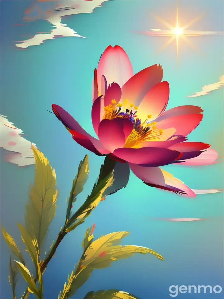 in the foreground a digital sketch style stylized single flower godetia with thick strokes, blots and spots. background of Modern digital blue sky and sun rays. на переднем плане digital sketch style stylized одиночный ЦВЕТОК годеция с толстыми обводками со штрихами, кляксами и пятнами. background of Modern digital blue sky and sun rays.