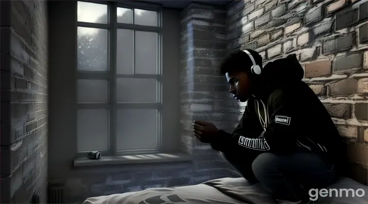 Create an illustration of Marcus, a young Black man with a street-wise appearance, camera looking into a window from outside seeing black African American manly male in his 20s, wearing hood streetwear, with headphones gazing out the window while in the window of his bedroom contemplating life, in a heavily shaded 3d realism art style full body, sad