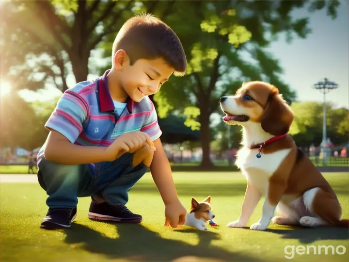 a boy playing in the park with a small dog