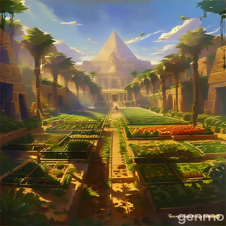 a painting of a garden with a pyramid in the background