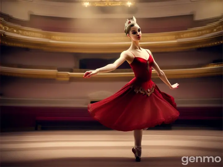 Ballerina en pointe in red dress, poised within the opulent interior of an ornate opera house