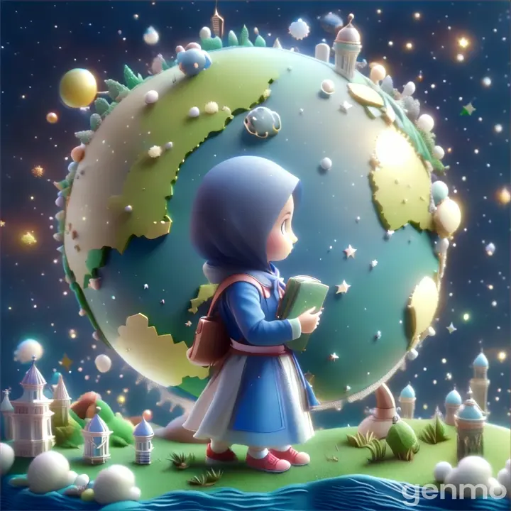 a little girl is standing in front of a globe