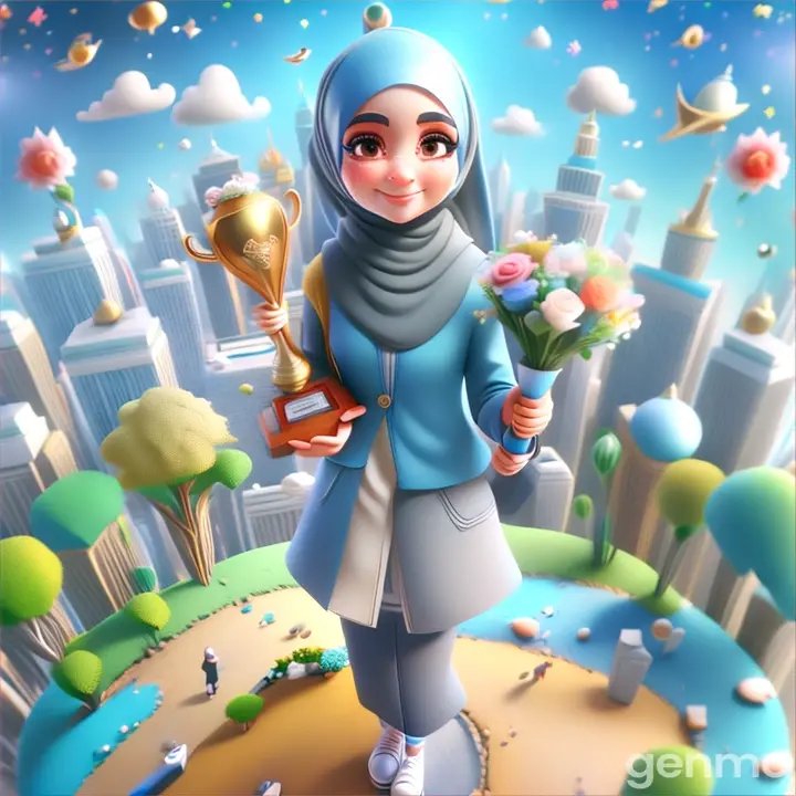 a woman in a hijab holding a trophy and flowers