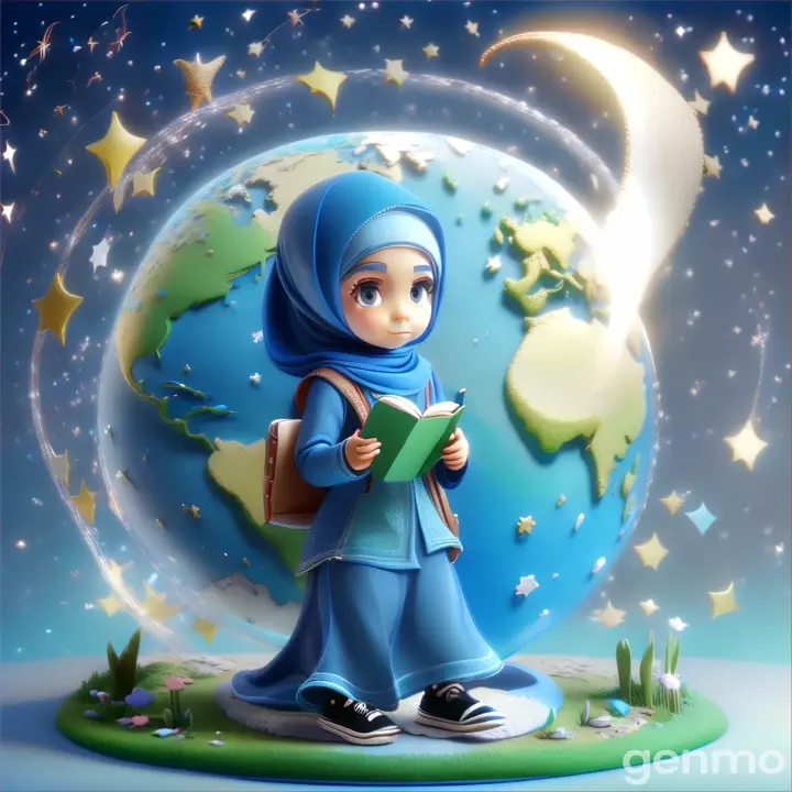 a little girl in a blue hijab is reading a book