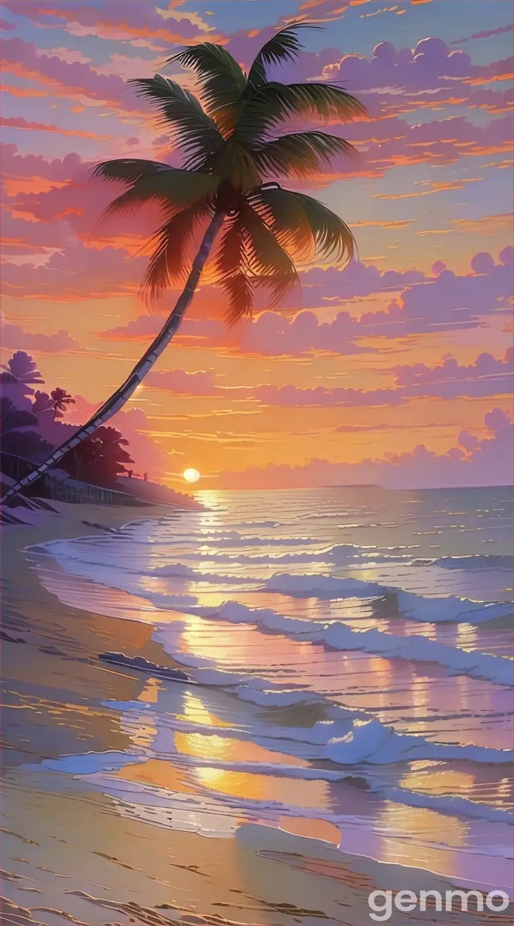 A whimsical and dreamy painting of a palm tree on the beach with pastel colors and a surreal sky