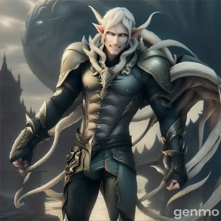 full body.Attractive elf man with an evil smile, standing face to face fighting The monster has tentacles and teeth an amorphous monster, both shown full body. The elf has an angry expression, deep dark eyes with dark circles, very white albino skin and very dark hair tangled by the wind, athletic skinny body. He wears a tight-fitting suit in shades of green and brown, adorned with leaves, and a cape made of leaves blown by the wind. He has a gray scarf like torn cloth and leather bandages, and he is barefoot. 3d digital volume