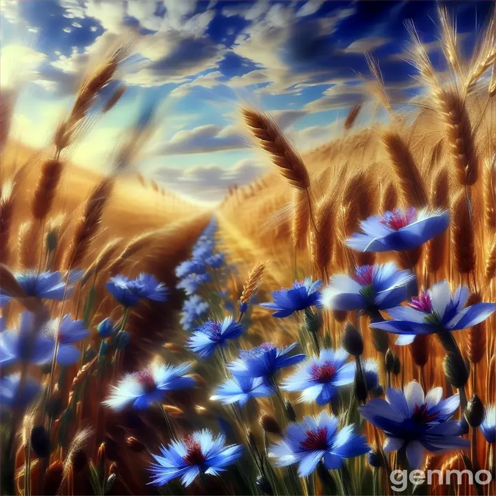 a painting of blue flowers in a wheat field  only movement from the wind