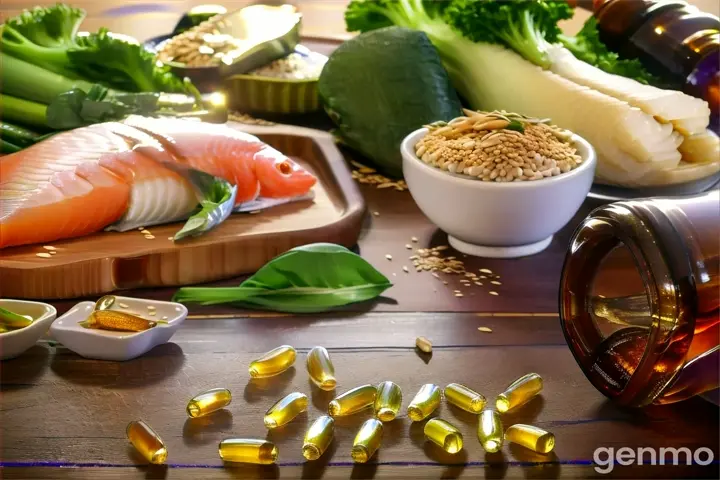 a bottle of fish oil next to fish and vegetables