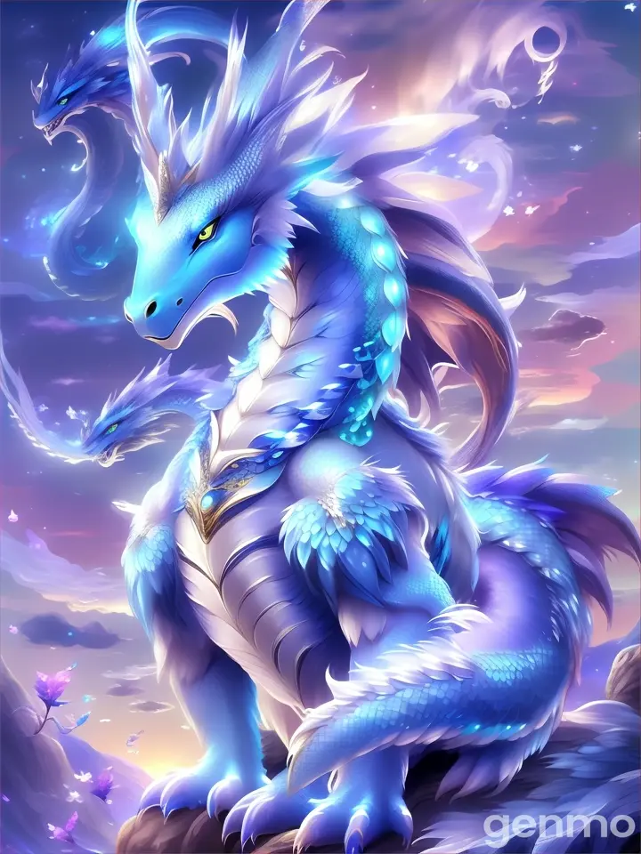 A blue and white dragon sitting on an outcropping, overlooking a landscape of vibrant sunset hues