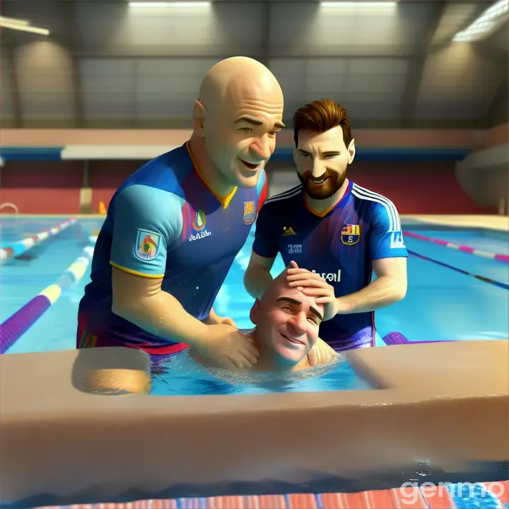 Gianni Infantino con León Messi dándole un masaje Gianni Infantino con una toalla en la en la  piscina en 3d digital volumen caricatura Pixar 