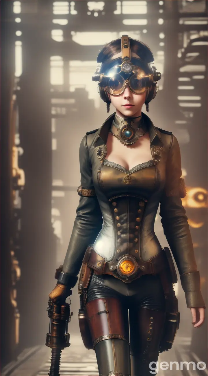 steampunk girl with futuristic guns walking through the steam