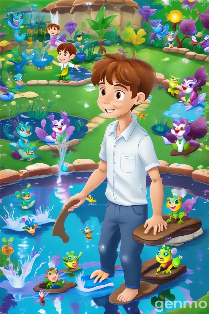 a boy is playing in the water with his toys