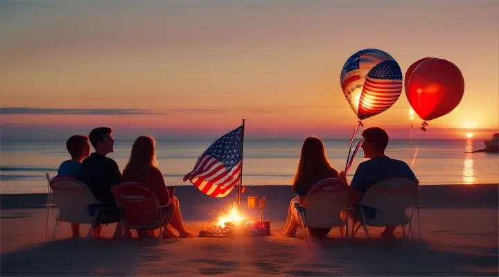 Friend at a beach bonfire near sunset, American flag in the background, and balloons in the foreground