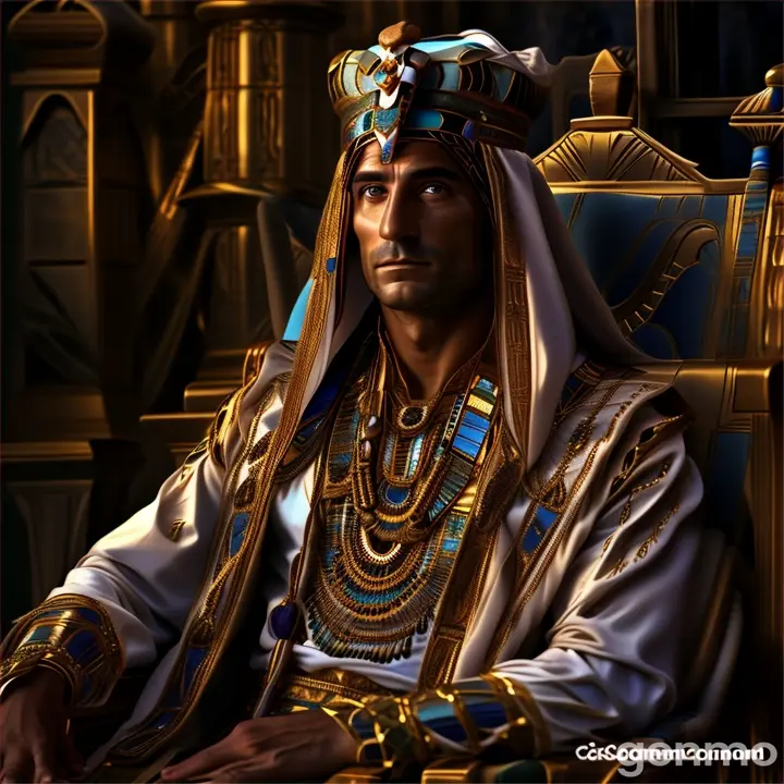 a man dressed in an egyptian costume sitting in a chair