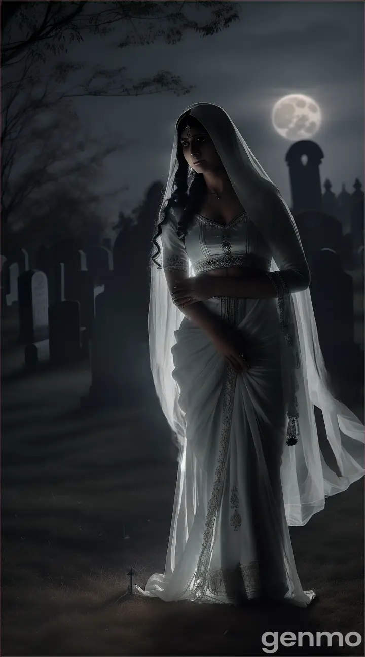 "A chilling scene in a graveyard under a full moon, with eerie silence all around. A ghostly figure in a white sari, with long flowing hair, suddenly appears in front of a terrified young man named Irfan."