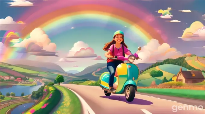 a hair girl riding a scooter on the road, seeing the rainbow in the sky, with the smiling cloud, size 1280 x720