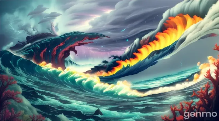 A fierce storm hit the reef, threatening the lives of all its inhabitants.  cartoon illustration