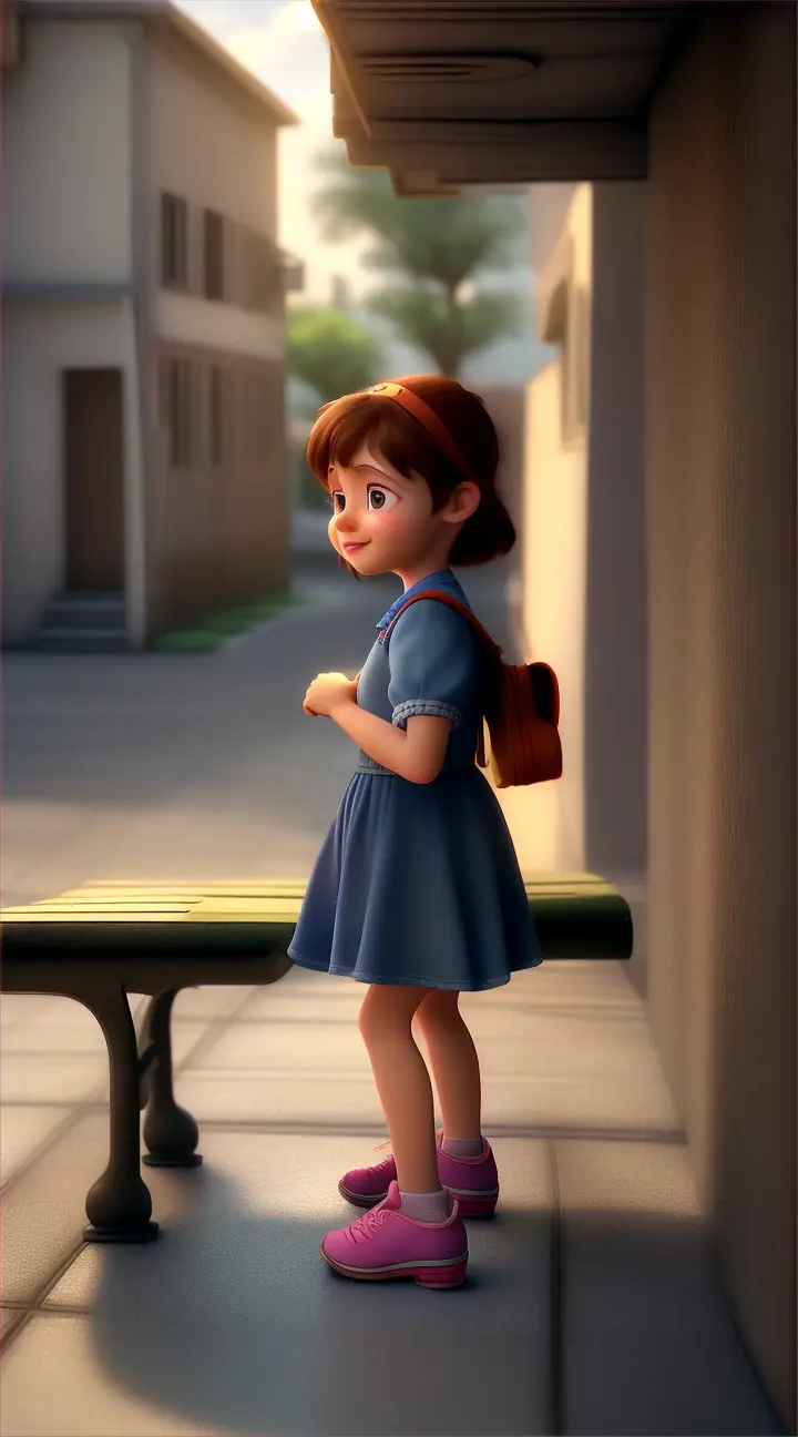 Create a realistic animation of a little girl named Lila spotting a stray cat hiding under a bench, looking hungry and scared