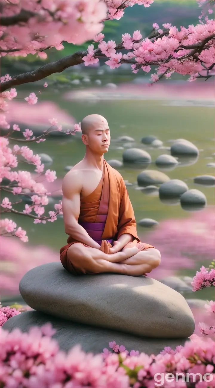 a monk meditating on a boulder surrounded by pink blossoms