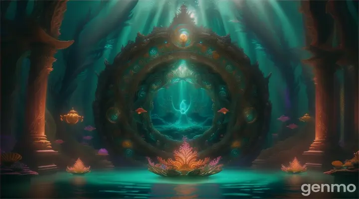 Circle of aquatic deities in an otherworldly underwater setting