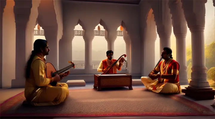 Indian musicians preparing for a performance in an Indian temple.