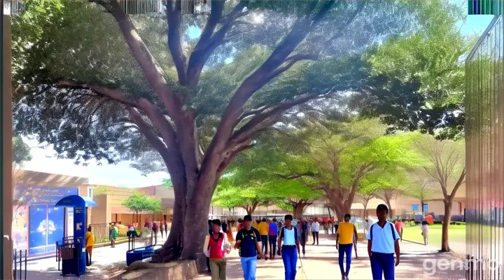 a group of people walking down a sidewalk under a tree