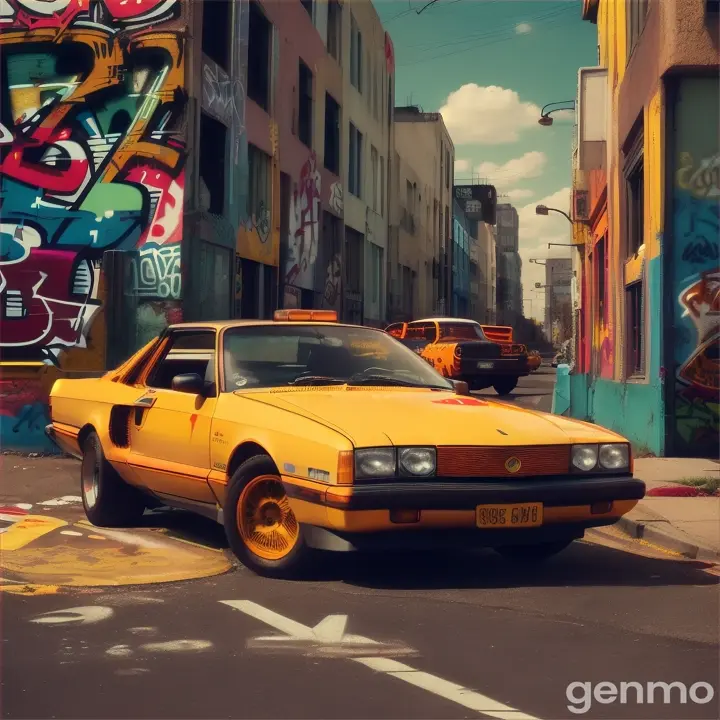 Criar uma capa de álbum musical, com carros anos 90 e 80, e muros desgastados, letras de grafite e pixos, ruas, vandalismo, com paleta de cores amarelo, laranja, marrom, vermelho, realistic style, 8k