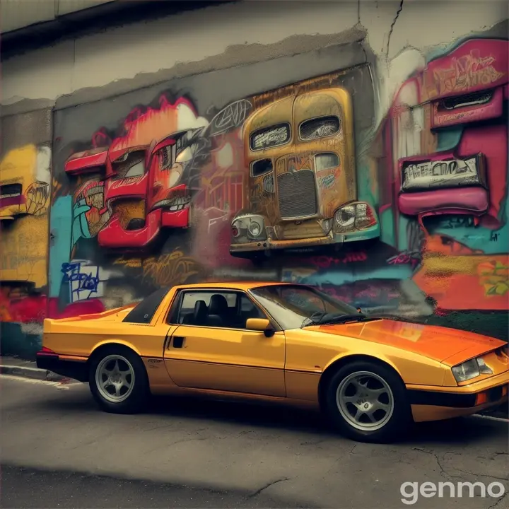 Criar uma capa de álbum musical, com carro anos 90 e 80 dodge, e muros desgastados, letras de grafite e pixos, ruas, vandalismo, com paleta de cores amarelo, laranja, marrom, vermelho, realistic style, 8k