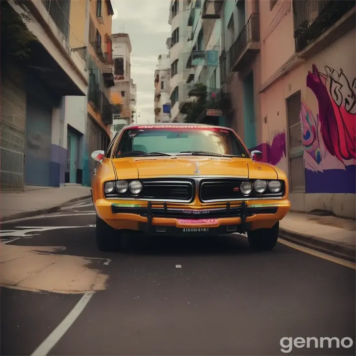 Criar uma capa de álbum musical, com carro anos 90 e 80 dodge, e muros desgastados, letras de grafite e pixos, ruas, vandalismo, com paleta de cores amarelo, laranja, marrom, vermelho, realistic style, 8k