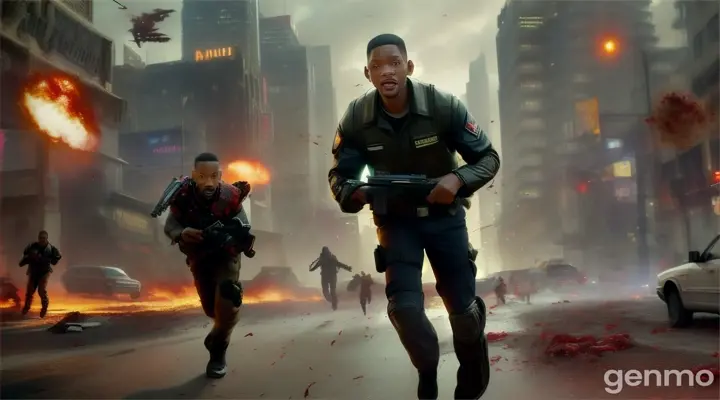 Will Smith: (apareciendo de la nada, dispara a los zombis) y le dice a la joven Aldi ¡Corre hacia nosotros!