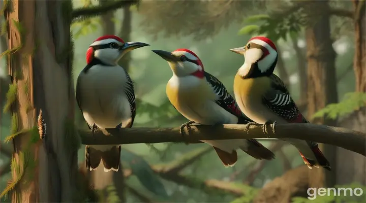 in the forest landscape,  near woodpecker pecking at a tree trunk near him  two beautiful, vibrant plumage two sparrow landing on branch tree , the sound resonating through the forest. The scene is rendered in vibrant 3D, with rich, saturated colors and detailed textures to bring the environment to life.”