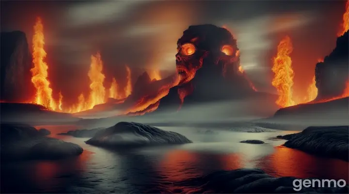 A surreal and atmospheric shot with a focus on the ginger man standing atop a rocky outcrop, overlooking a river of molten lava. The epic explosion of fire in the background and the intricate rock textures create a detailed, dark scene. His serene stance amidst the horror-filled surroundings blends dark comedy with a highly intense mood. A highly detailed and hyper-realistic depiction capturing a surreal, horror-infused atmosphere with intense and epic visual elements set in a hellish landscape. The imagery features fire, skulls, and lava, blended with dark comedy and an erotic undertone, evoking an intricately designed, cinematic experience emphasizing the surreal horror and intense visuals in an 8K quality rendering.