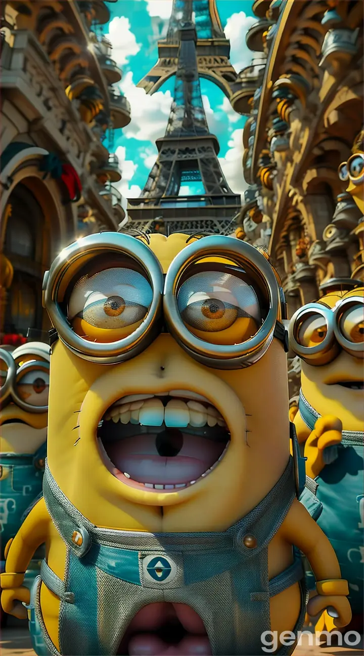 a group of minion characters in front of the eiffel tower