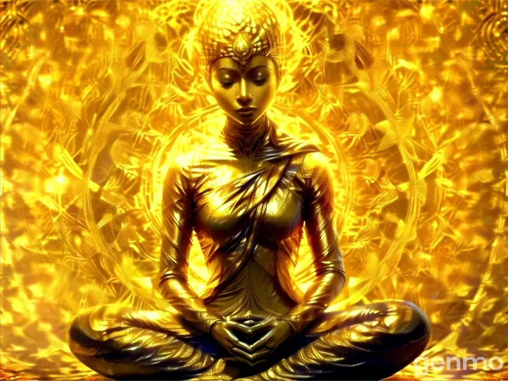 a beautiful woman with fine facial features from the country of India, she is golden and is sitting in the lotus position meditating, she does not move, she remains still, behind her there is a golden mandala the color of gold that emanates wealth, she and the background move some gold coins
