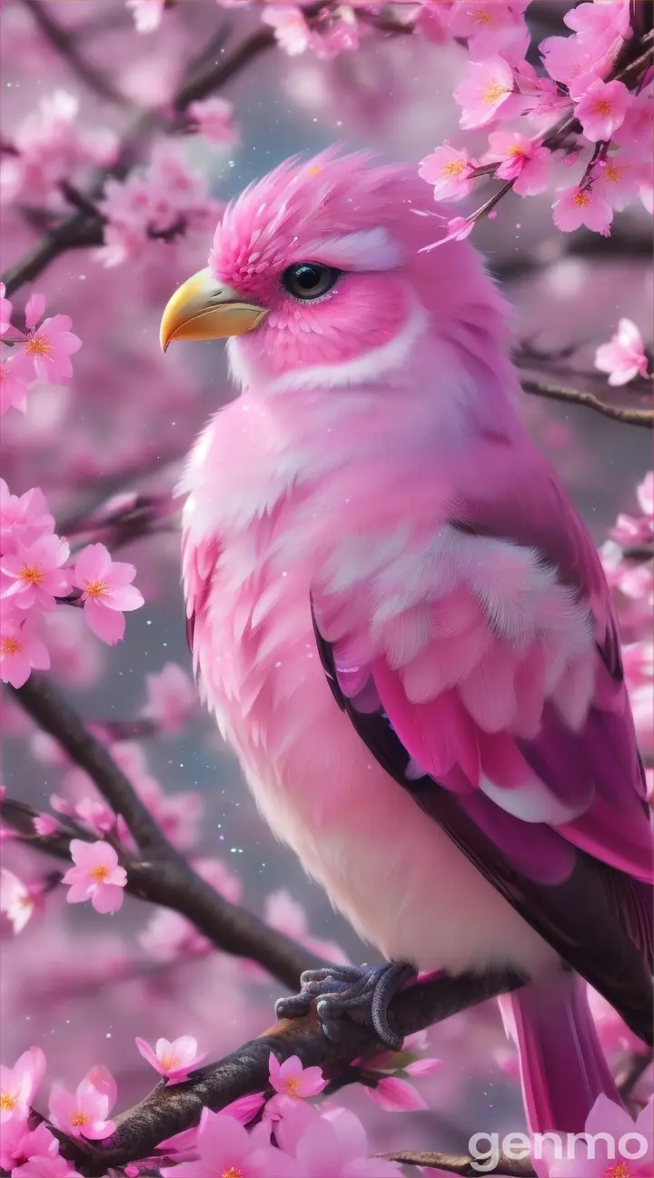 Little beautiful pink cute bird, fractals, glitter, cute, sakura
