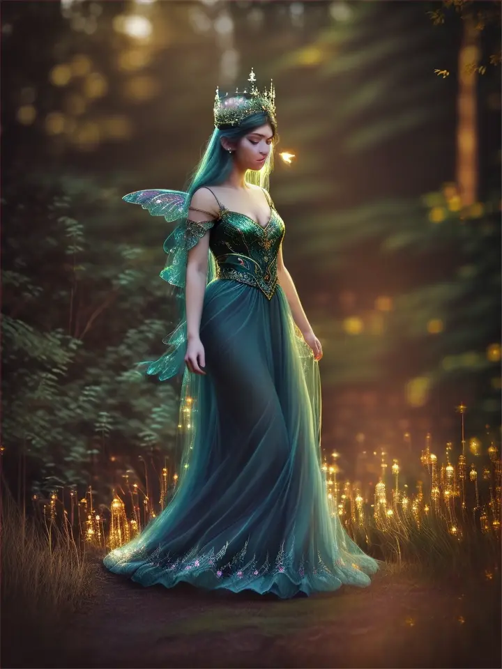 A regal fairy queen standing before a forest glen, fireflies shimmering around her like a cloak