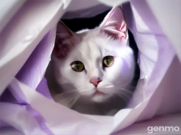 Cute white cat, in a hole in a torn sheet, simple lilac background.