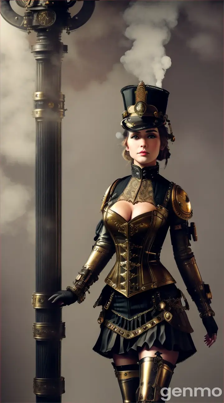 A young woman dressed in a detailed steampunk outfit, featuring a gear-embellished corset and leather straps, wearing brass goggles with intricate designs. She is walking confidently through thick, swirling steam clouds in a Victorian-era industrial setting. The background is filled with towering metal structures, gears, and pipes, all shrouded in mist, creating a mysterious and atmospheric scene